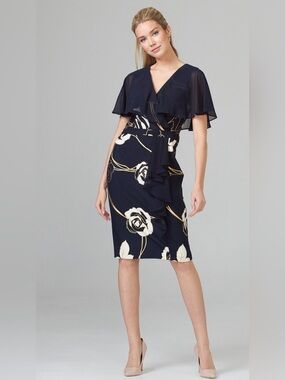Joseph Ribkoff Navy Floral Sheath Dress with Ruffle Overlay Size 18 Never Worn